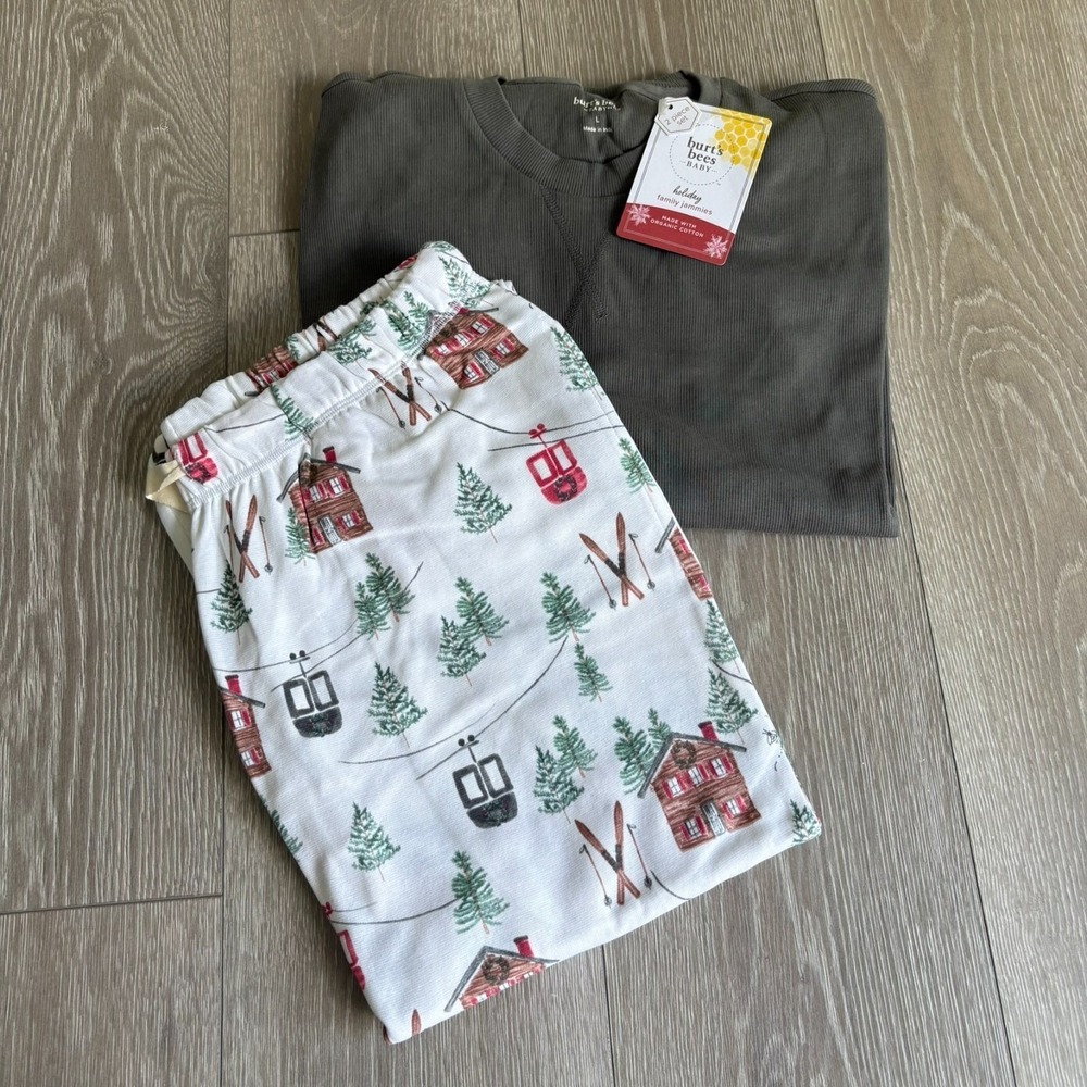 NWT Burt's Bees Womens Gray White Ski themed 2-Piece Pajama Set Size L organic